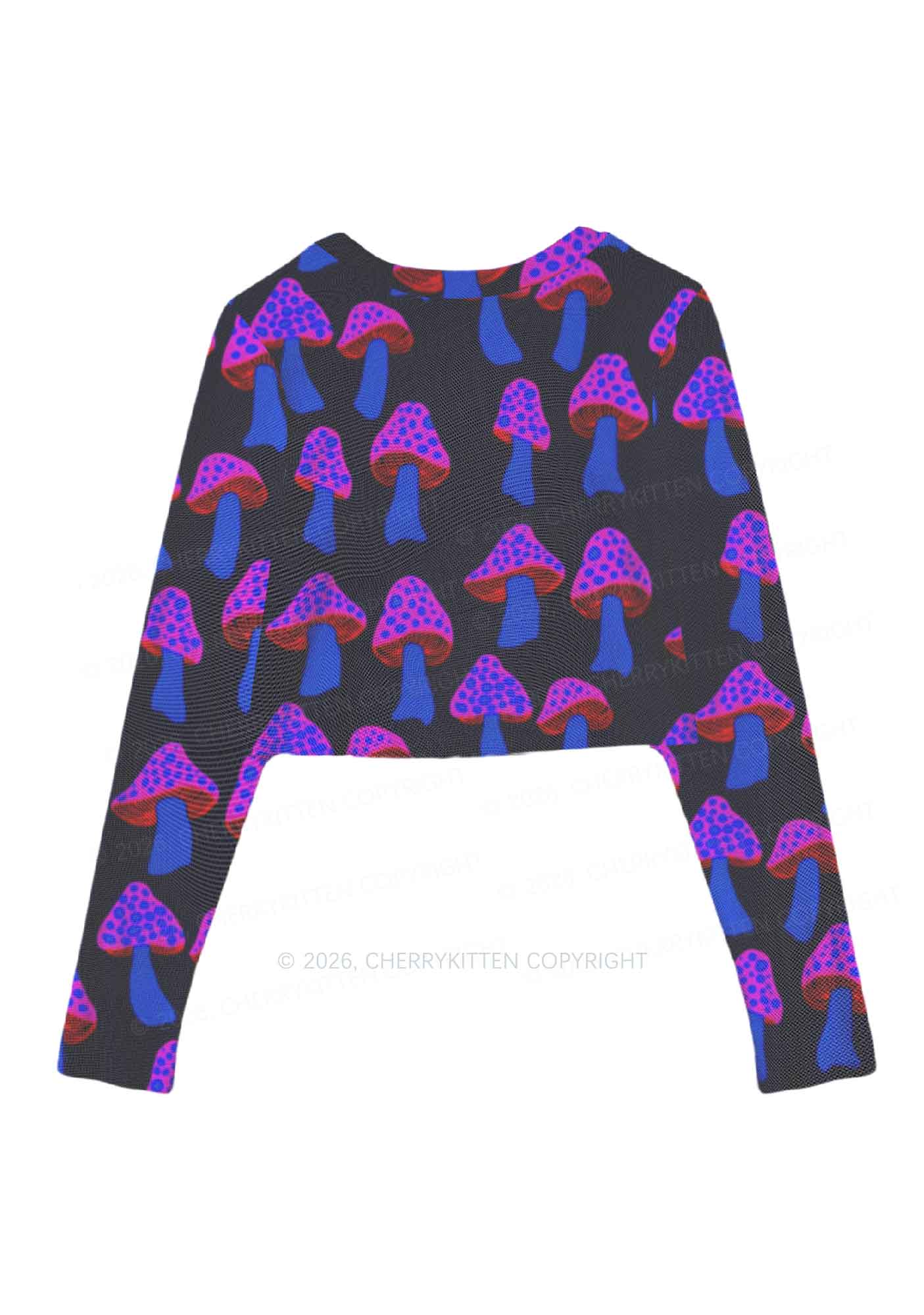 Blue Mushroom Y2K Mesh Long Sleeve Crop Top Cherrykitten