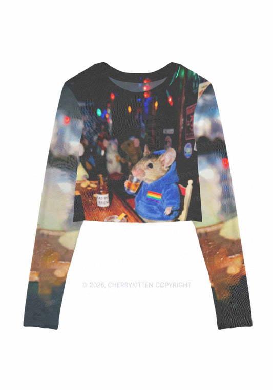 Blue Hoodie Rat Drinking Pride Y2K Mesh Long Sleeve Crop Top Cherrykitten