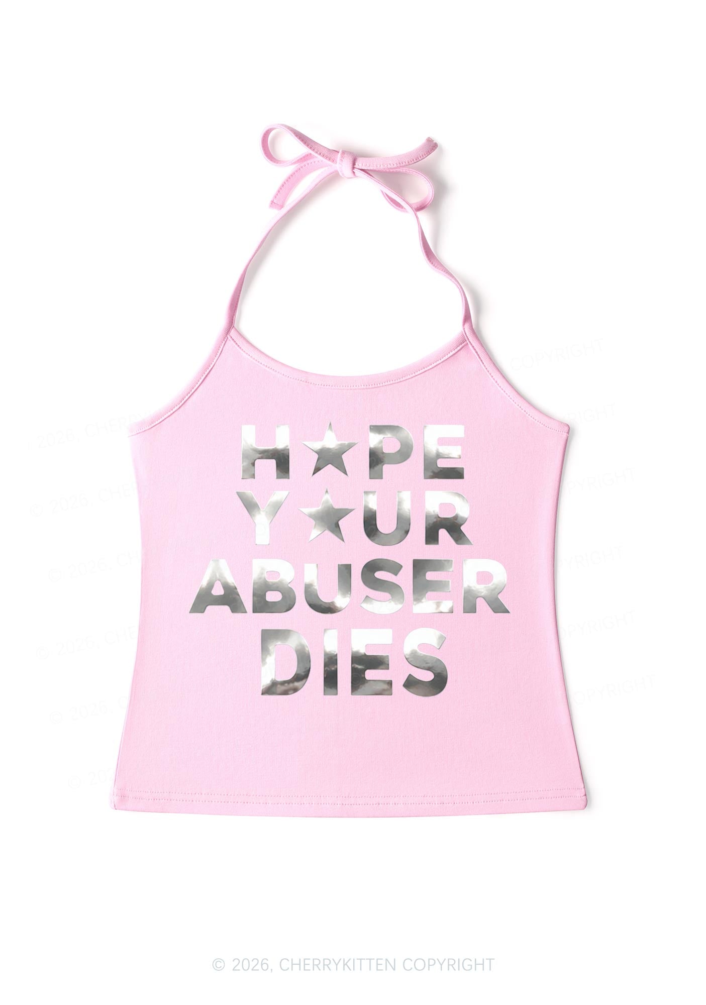 Abuser Dies Silver Foil Printed Y2K Halter Neck Cami Cherrykitten