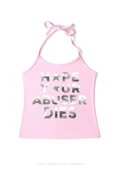 Abuser Dies Silver Foil Printed Y2K Halter Neck Cami Cherrykitten