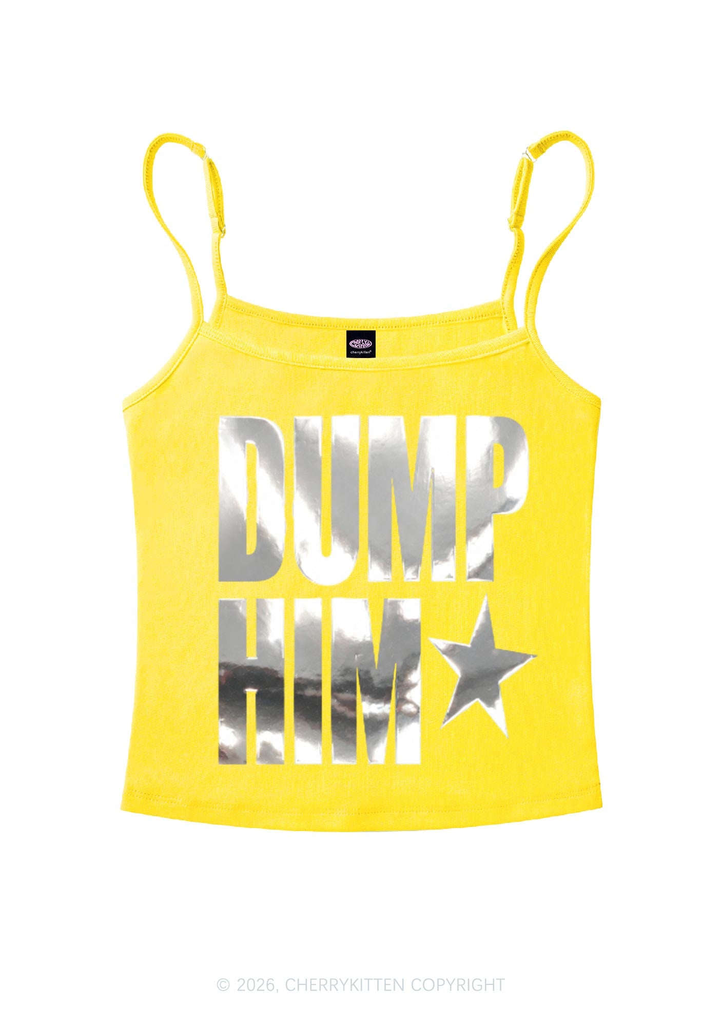 Dump Him Silver Foil Printed Y2K Spaghetti Strap Cami Cherrykitten