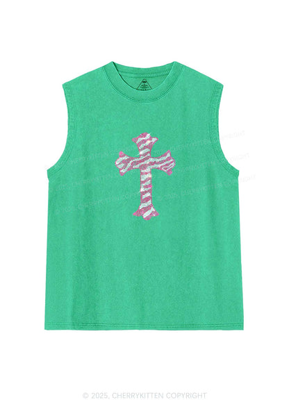 Rhinestone Pink Cross Y2K Washed Muscle Tank Cherrykitten