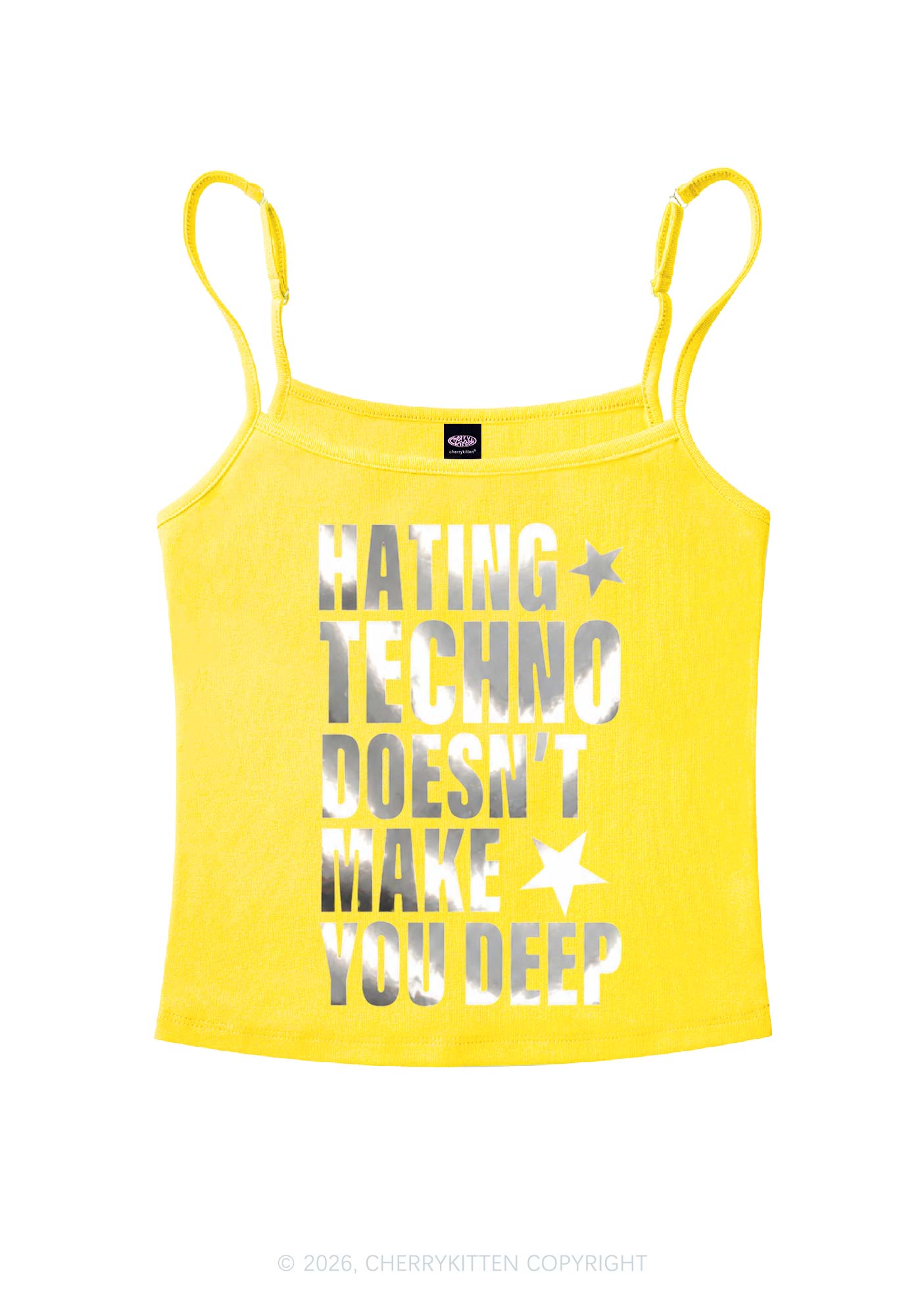 Hating Techno Silver Foil Printed Y2K Spaghetti Strap Cami Cherrykitten
