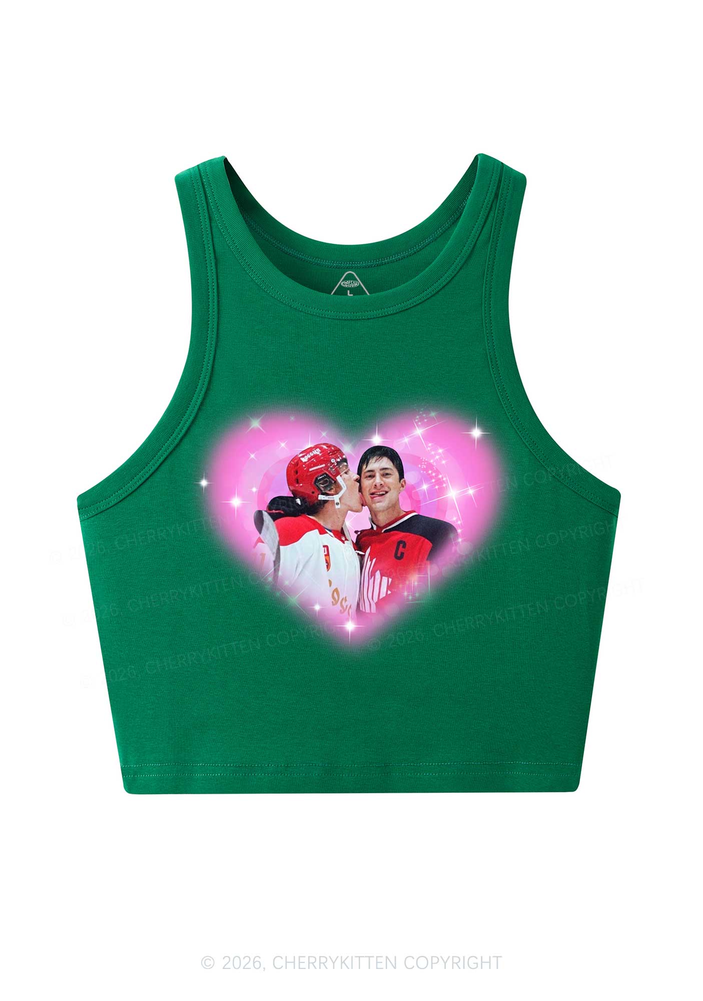 Sparkle Pink Heart Kissing Y2K Crop Tank Top Cherrykitten