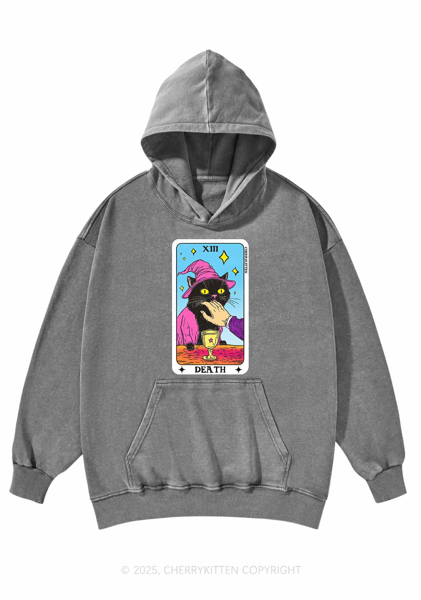 Halloween Death Black Cat Y2K Washed Hoodie Cherrykitten