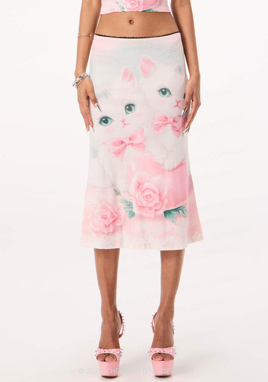 Rose Kitties Y2K Print Midi Skirt Cherrykitten