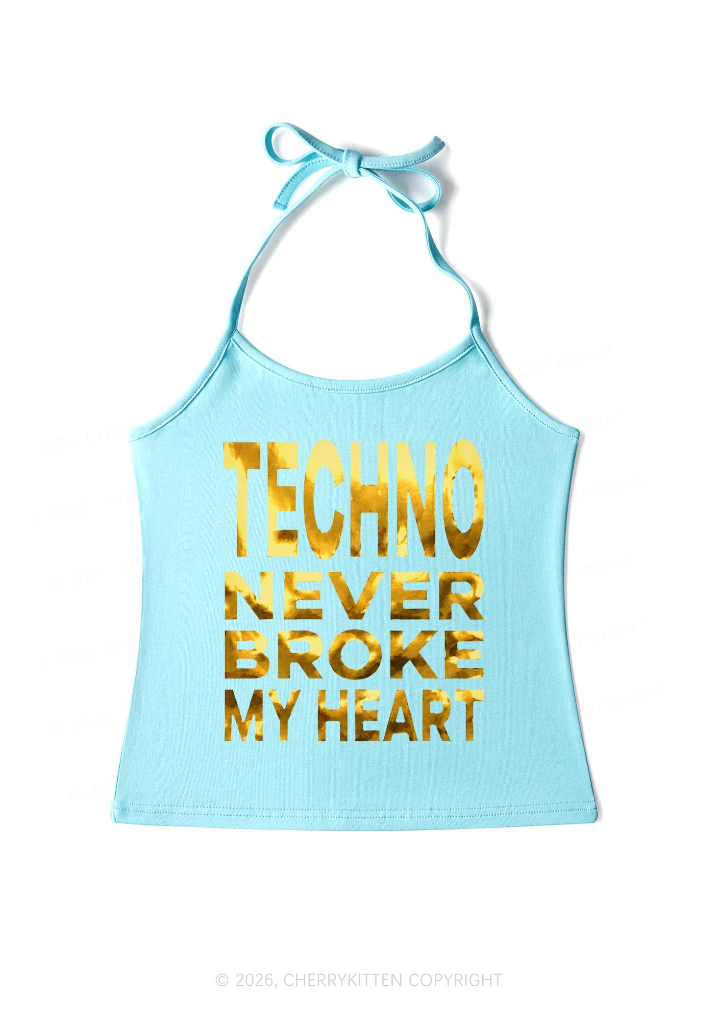 Techno Broke Heart Silver Foil Printed Y2K Halter Neck Cami Cherrykitten