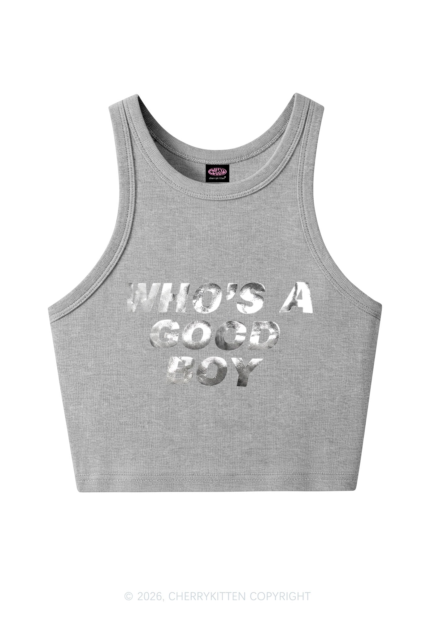 Whos A Good Boy Silver Foil Printed Y2K Crop Tank Top Cherrykitten