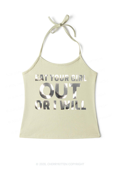Eat Your Girl Out Silver Foil Printed Y2K Halter Neck Cami Cherrykitten