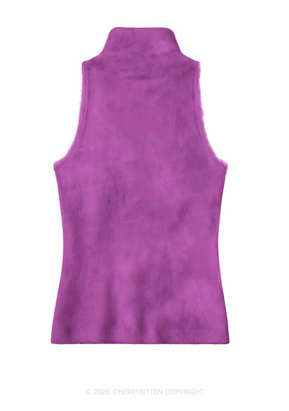 Plain Purple Y2K Knit Turtleneck Tank Top Cherrykitten