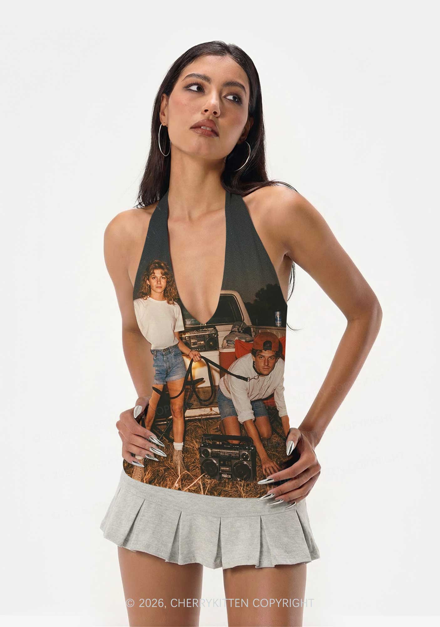 Outdoor Pet Boy Y2K Print Halter Deep V Neck Cami Cherrykitten