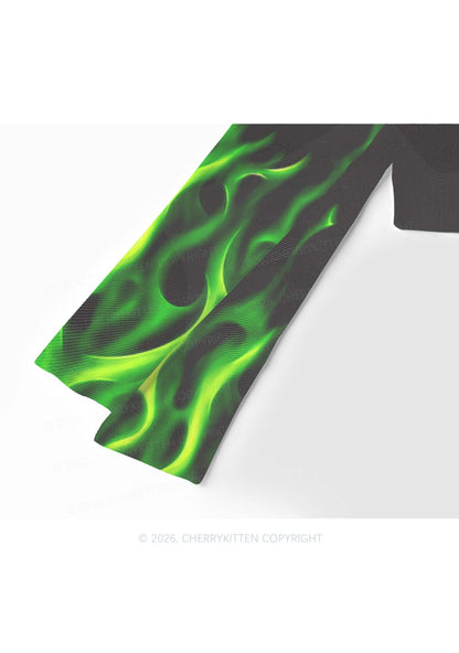 Neon Green Flame Y2K Mesh Long Sleeve Crop Top Cherrykitten