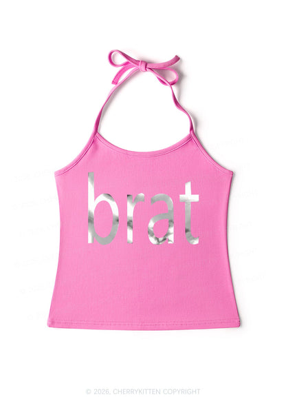 Brat Silver Foil Printed Y2K Halter Neck Cami Cherrykitten