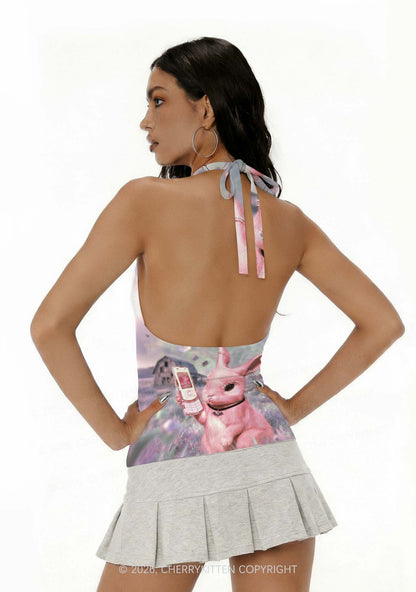 Pink Gothic Bunny Y2K Print Halter Deep V Neck Cami Cherrykitten