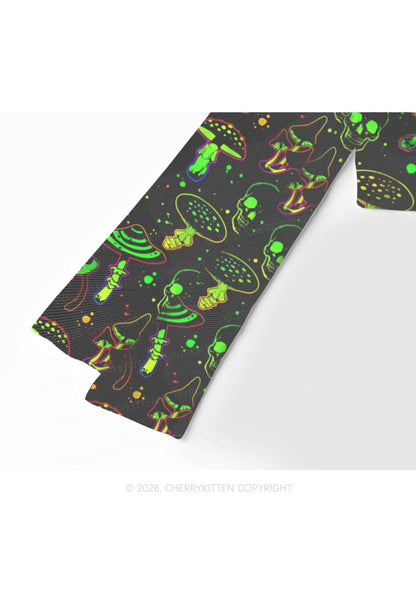 Neon Skull Mushroom Y2K Mesh Long Sleeve Crop Top Cherrykitten