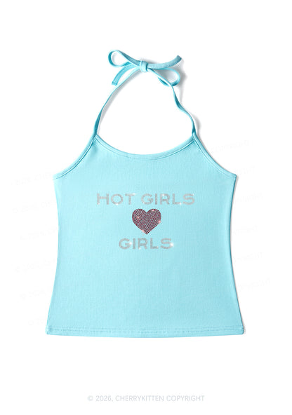 Rhinestone Hot Girls Love Girls Pride Y2K Halter Neck Cami Cherrykitten