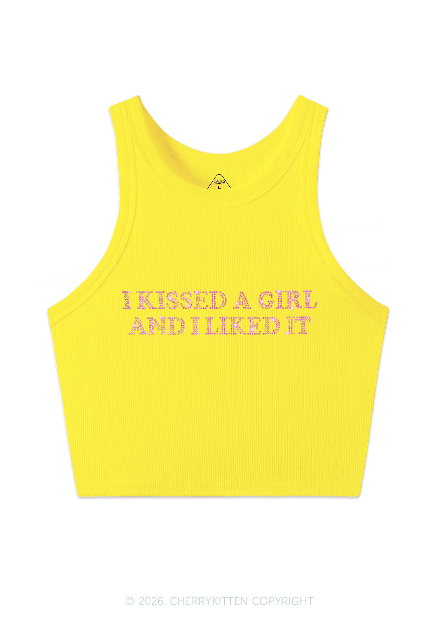 Rhinestone I Kissed A Girl Pride Y2K Crop Tank Top Cherrykitten