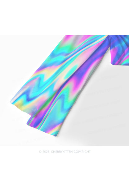 Holographic Iridescent Swirl Y2K Mesh Long Sleeve Crop Top Cherrykitten