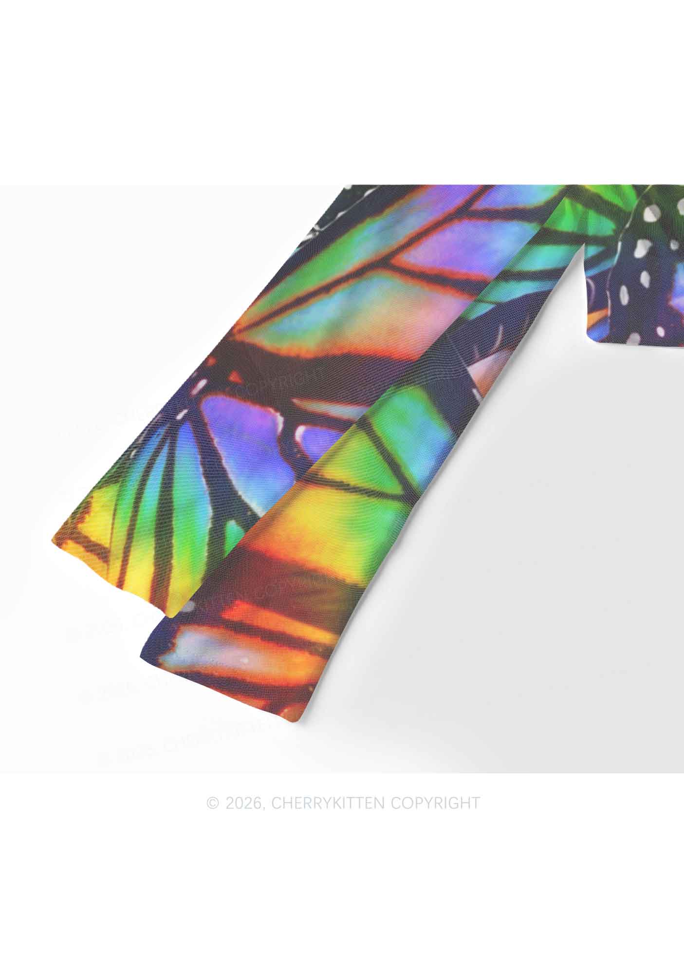 Rainbow Butterfly Y2K Mesh Long Sleeve Crop Top Cherrykitten