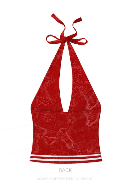Red Topographic Line Y2K Print Halter Deep V Neck Cami Cherrykitten