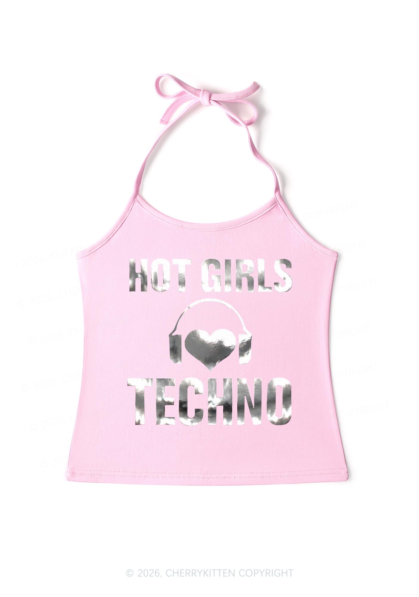 Hot Girls Love Techno Silver Foil Printed Y2K Halter Neck Cami Cherrykitten