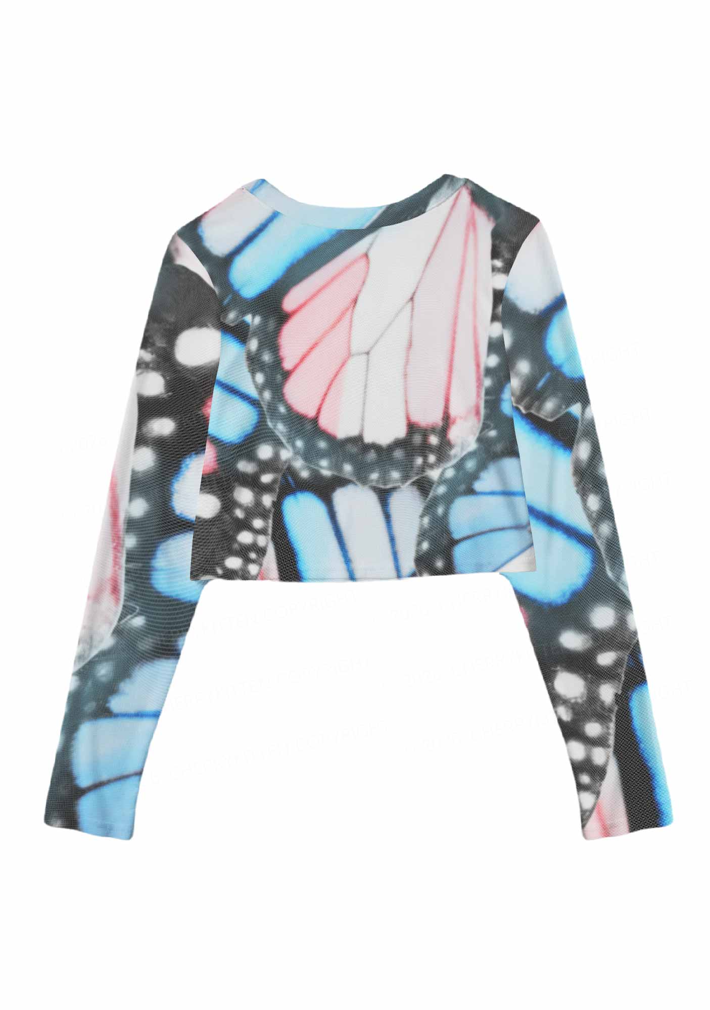 Trans Butterfly Wing Pride Y2K Mesh Long Sleeve Crop Top Cherrykitten
