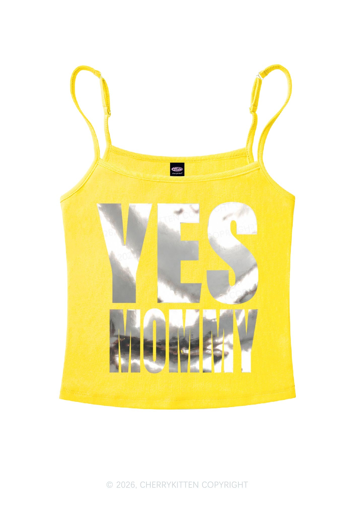Yes Mommy Silver Foil Printed Y2K Spaghetti Strap Cami Cherrykitten