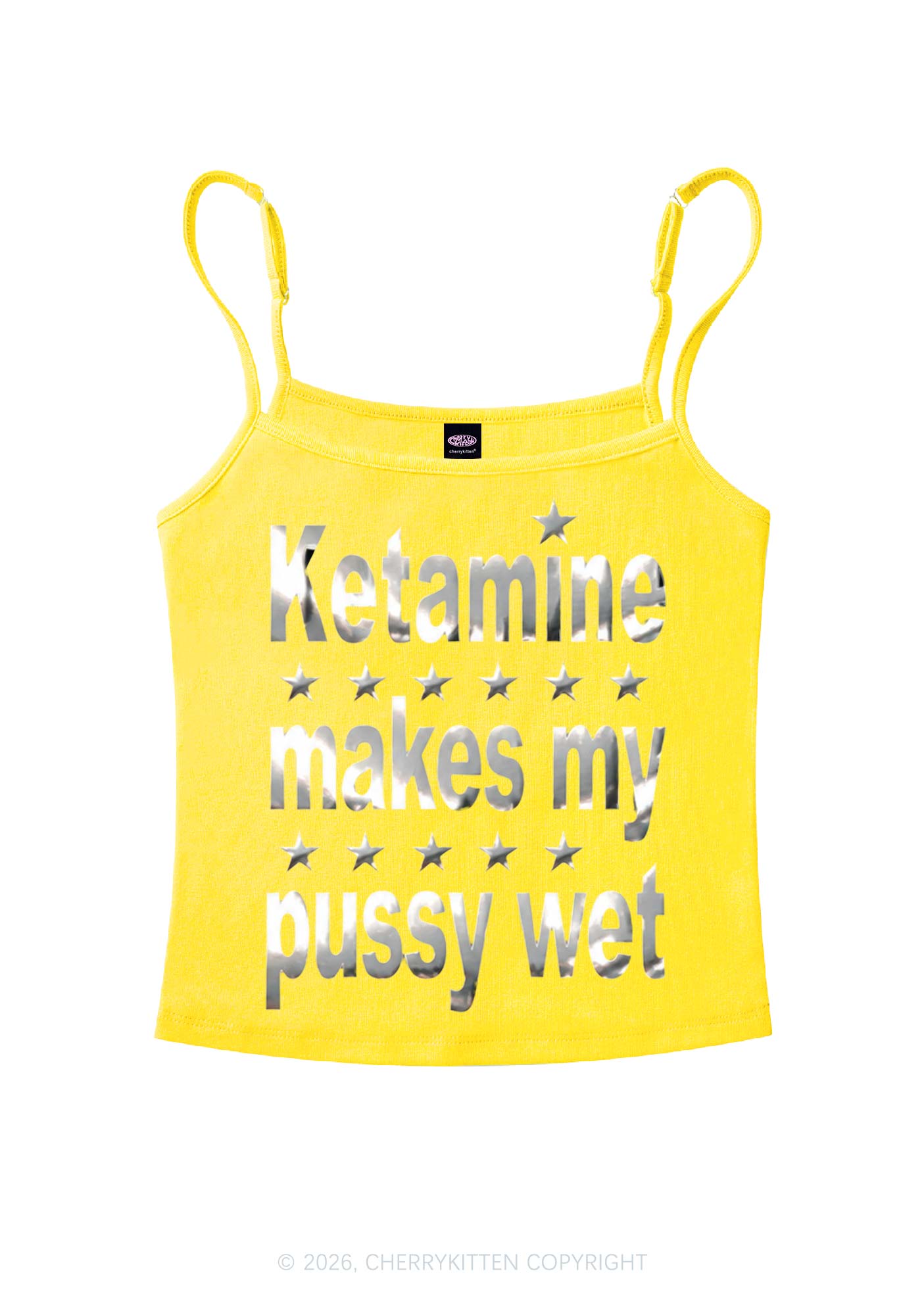 K Makes My Puxxy Wet Silver Foil Printed Y2K Spaghetti Strap Cami Cherrykitten