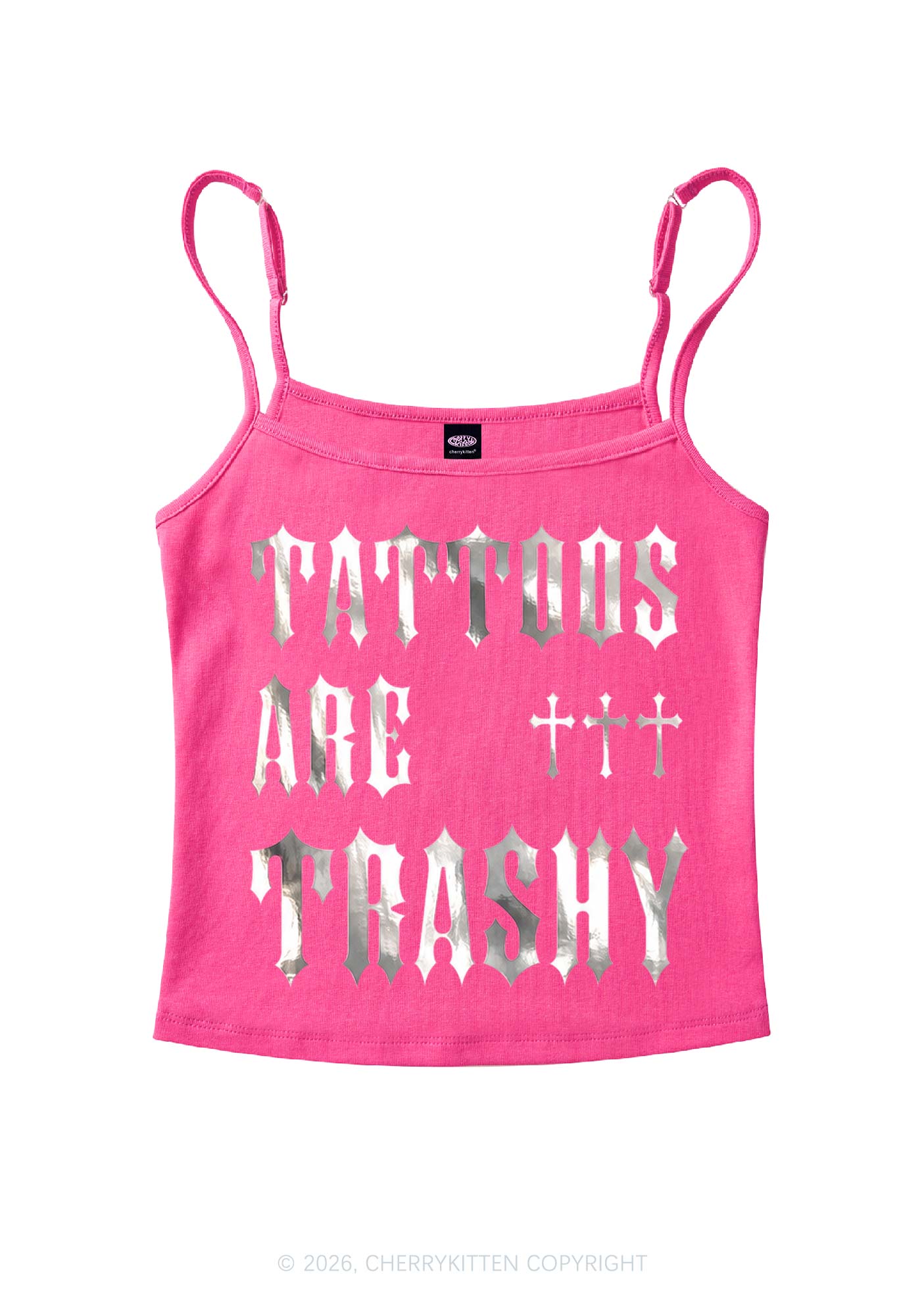 Tattoos Are Trashy Silver Foil Printed Y2K Spaghetti Strap Cami Cherrykitten