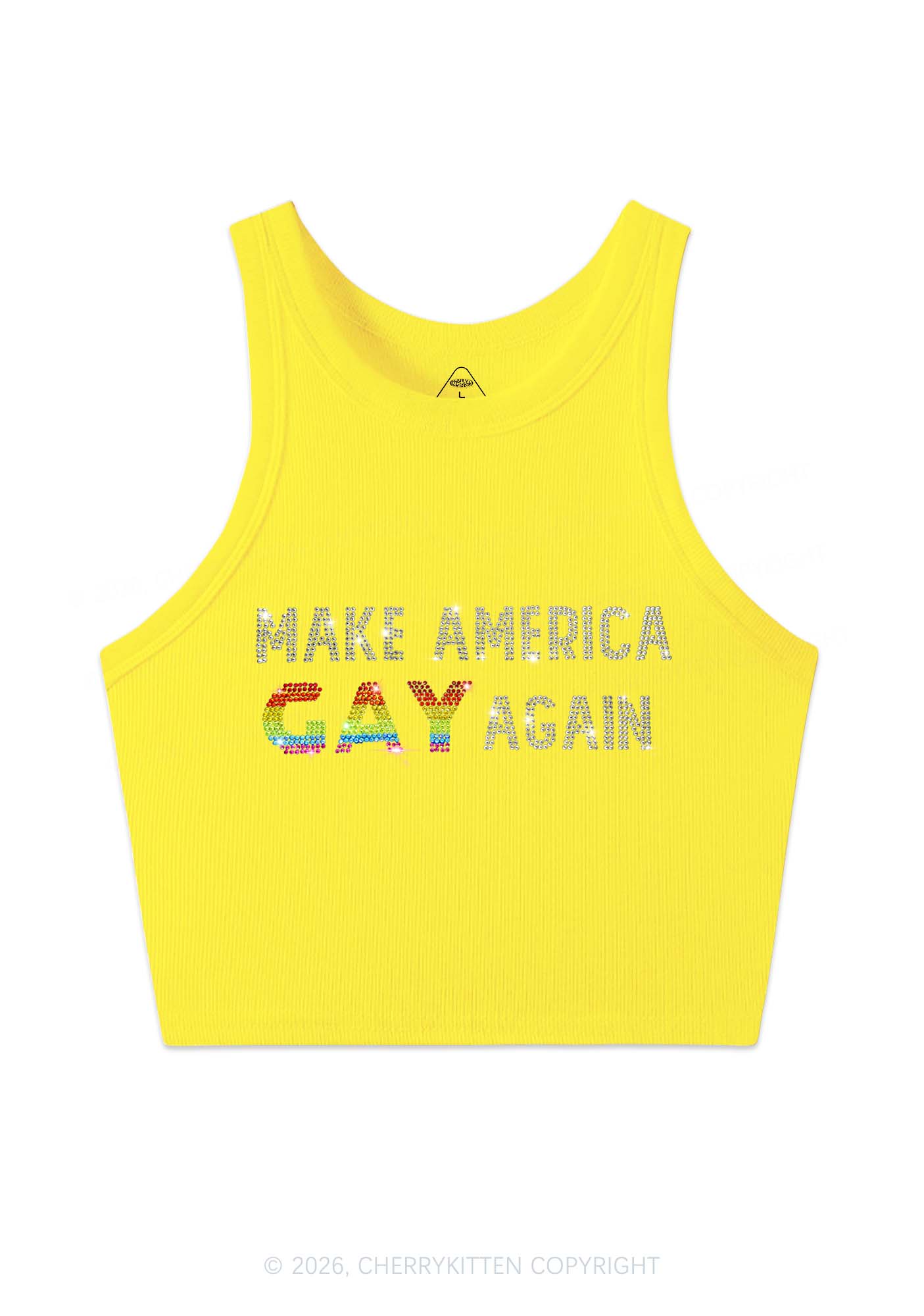 Rhinestone Make America Gay Again Pride Y2K Crop Tank Top Cherrykitten