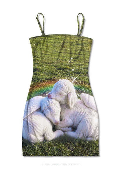 Angel Wings Baby Lambs Y2K Print Slip Dress Cherrykitten