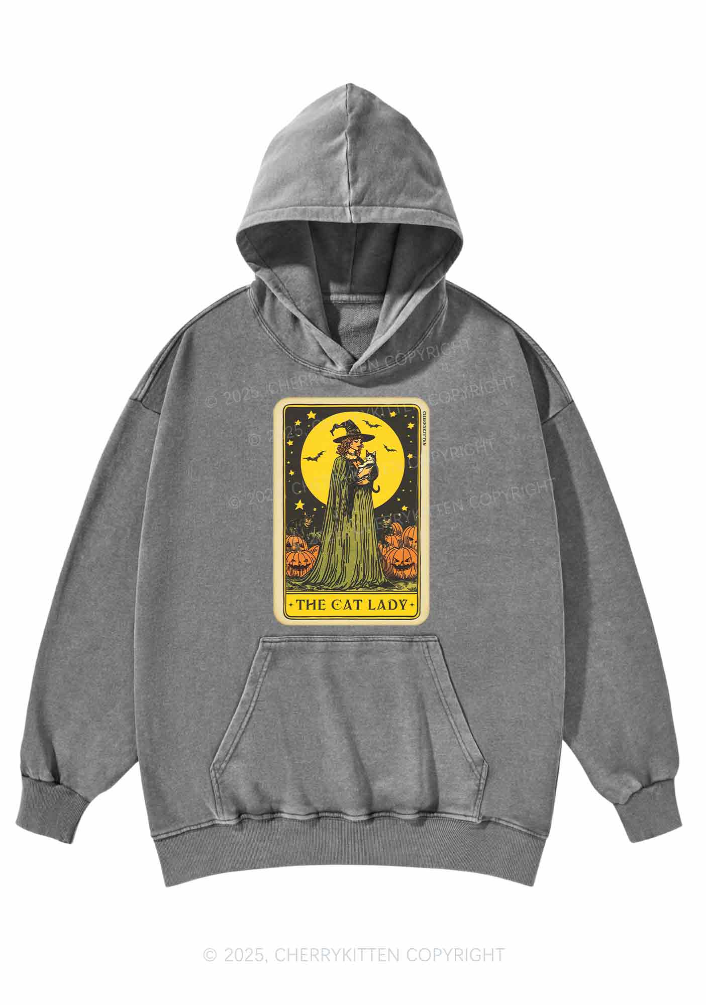 Halloween The Witch Cat Lady Y2K Washed Hoodie Cherrykitten