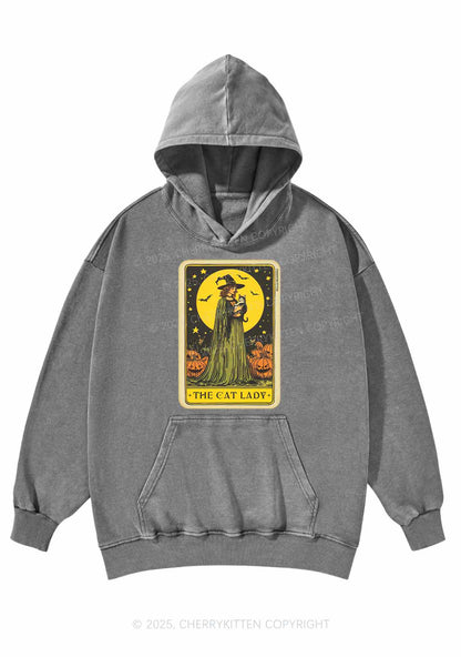 Halloween The Witch Cat Lady Y2K Washed Hoodie Cherrykitten