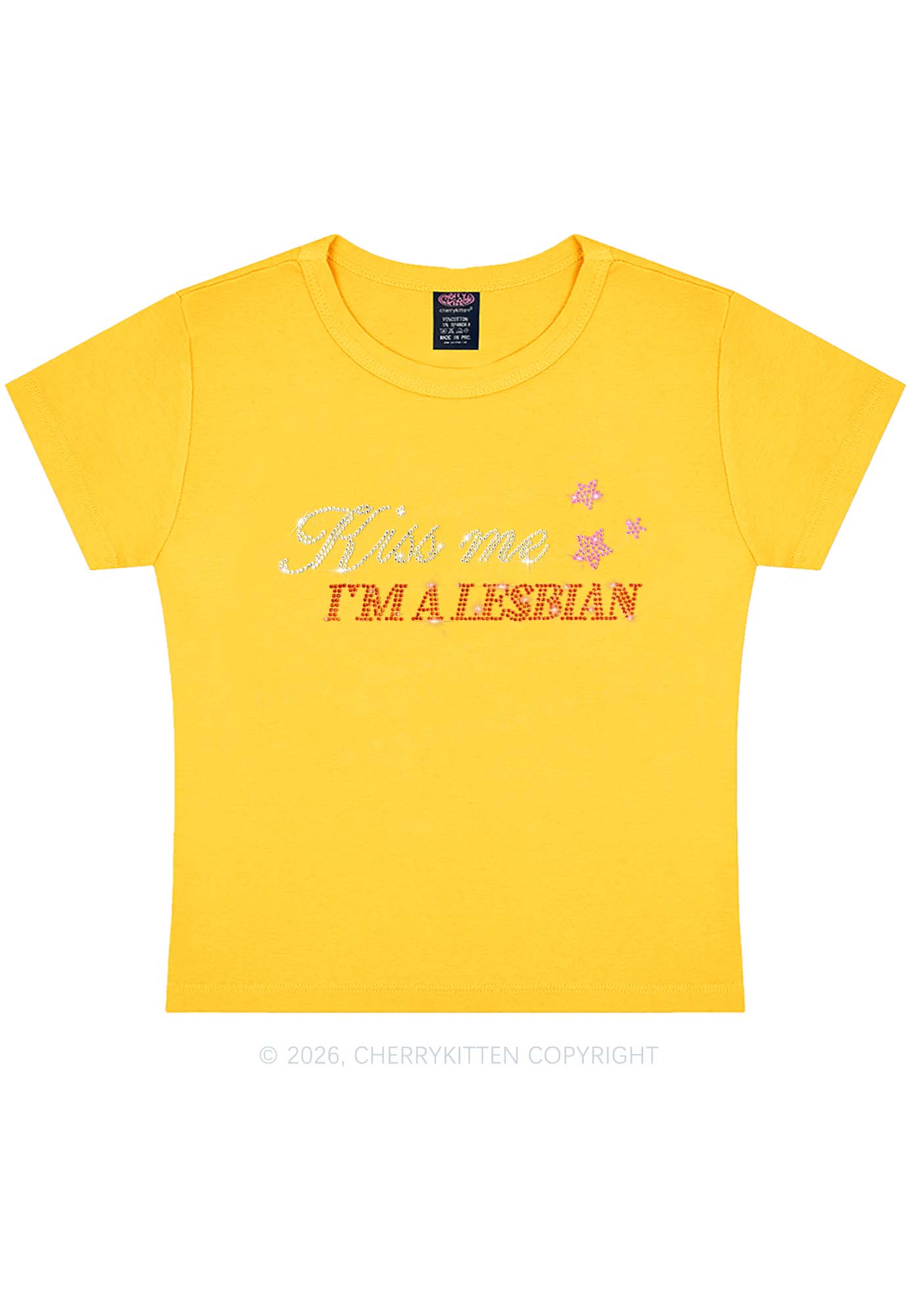 Rhinestone Kiss Me Im A Lesbian Pride Y2K Baby Tee Cherrykitten