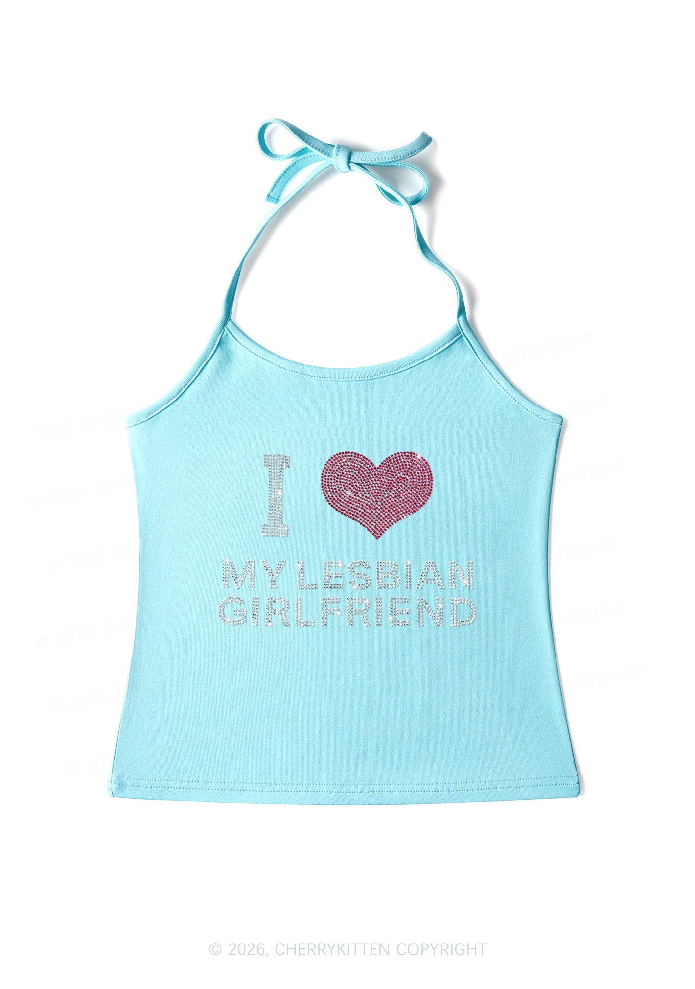 Rhinestone I Love My Lesbian GF Pride Y2K Halter Neck Cami Cherrykitten