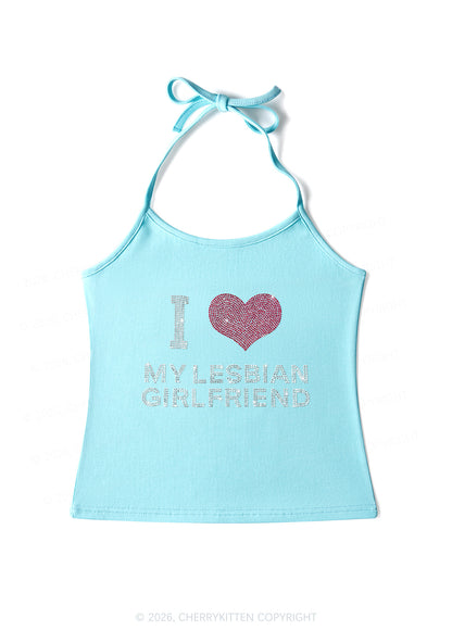 Rhinestone I Love My Lesbian GF Pride Y2K Halter Neck Cami Cherrykitten