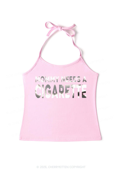 Mommy Needs A Cigarette Silver Foil Printed Y2K Halter Neck Cami Cherrykitten