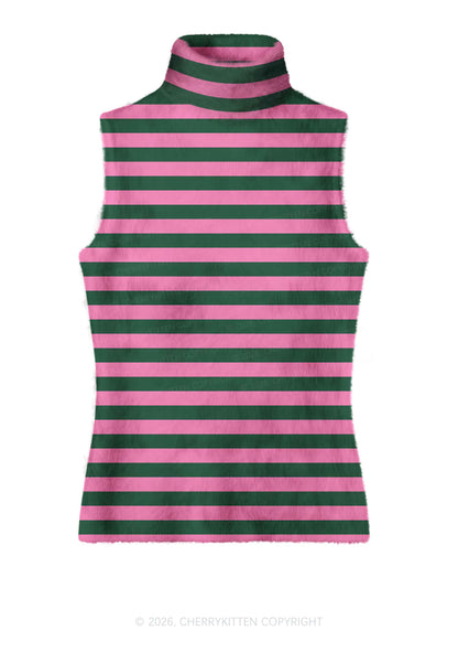 Pink Green Stripes Y2K Knit Turtleneck Tank Top Cherrykitten