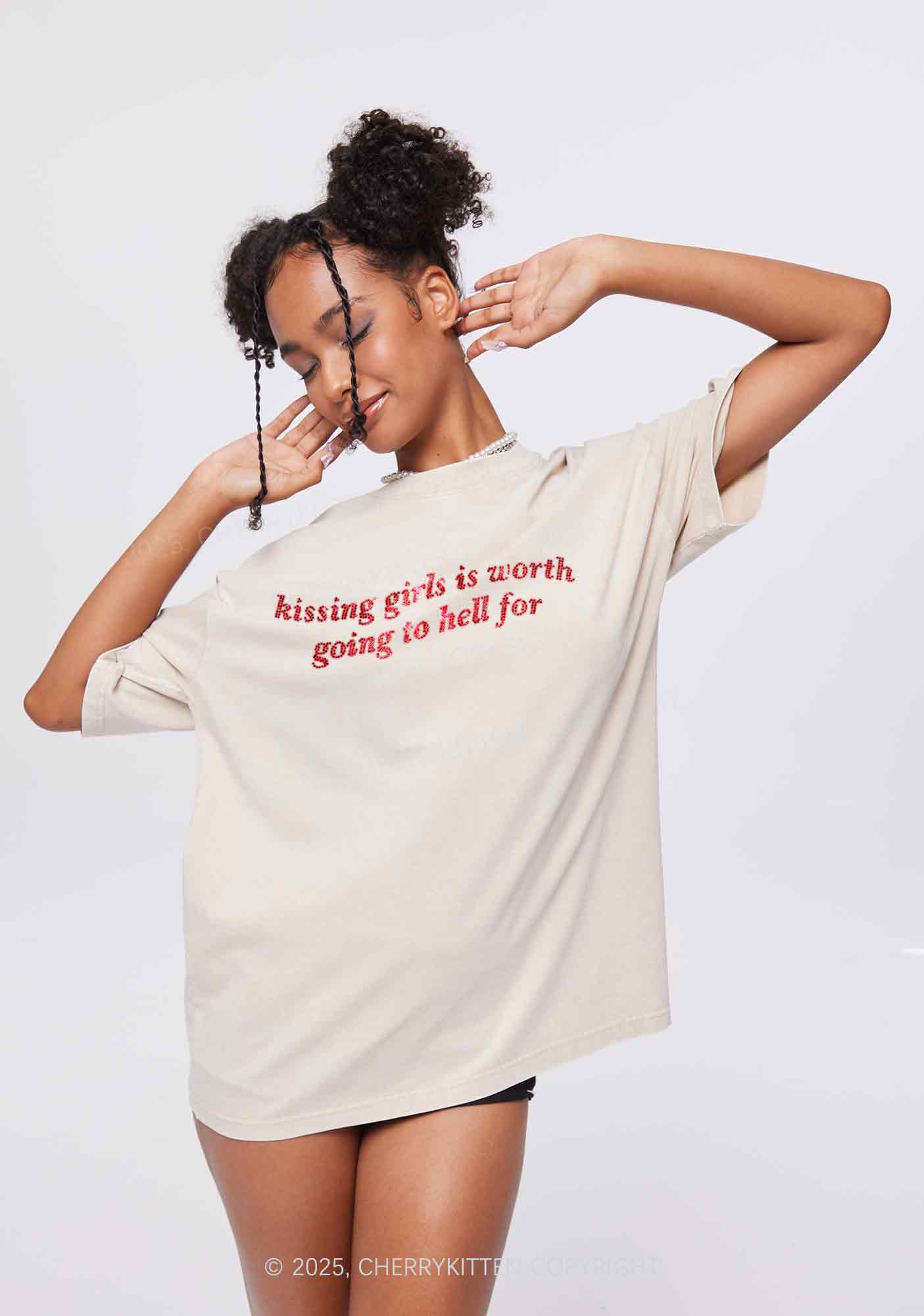 Rhinestone Kissing Girls is Worth Pride Y2K Shirts Washed Tee Cherrykitten