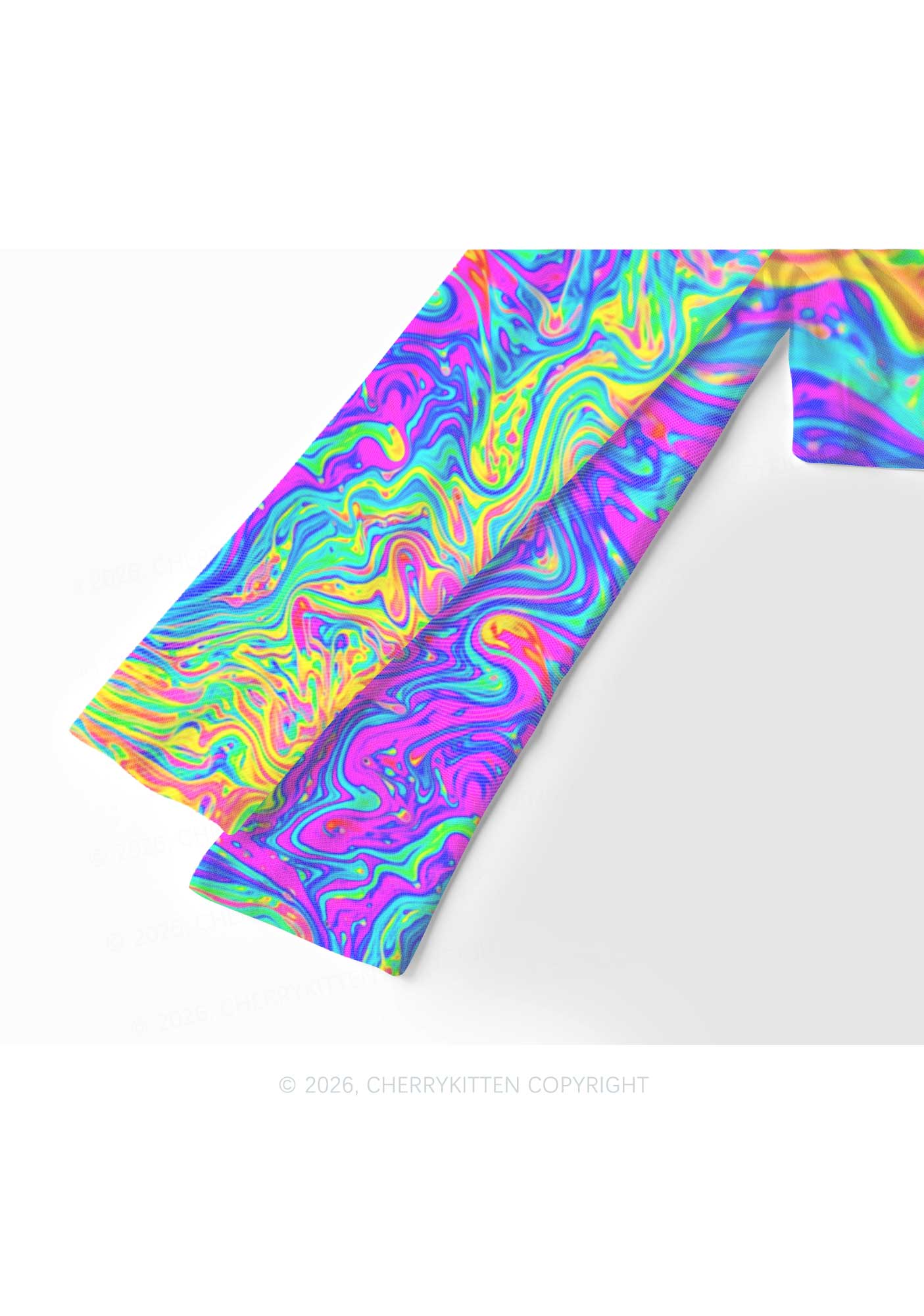Rainbow Fluid Swirl Y2K Mesh Long Sleeve Crop Top Cherrykitten