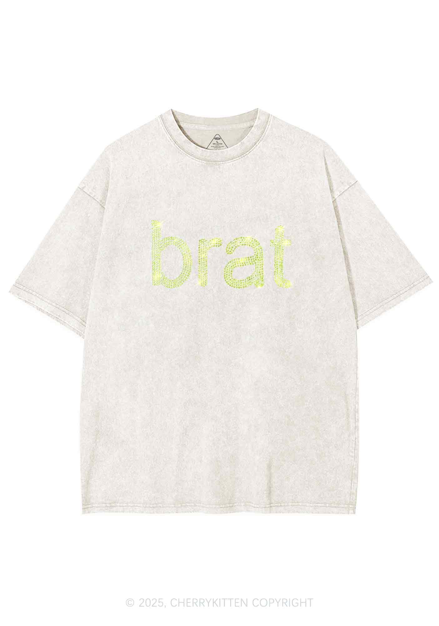 Rhinestone Green Brat Y2K Shirts Washed Tee Cherrykitten