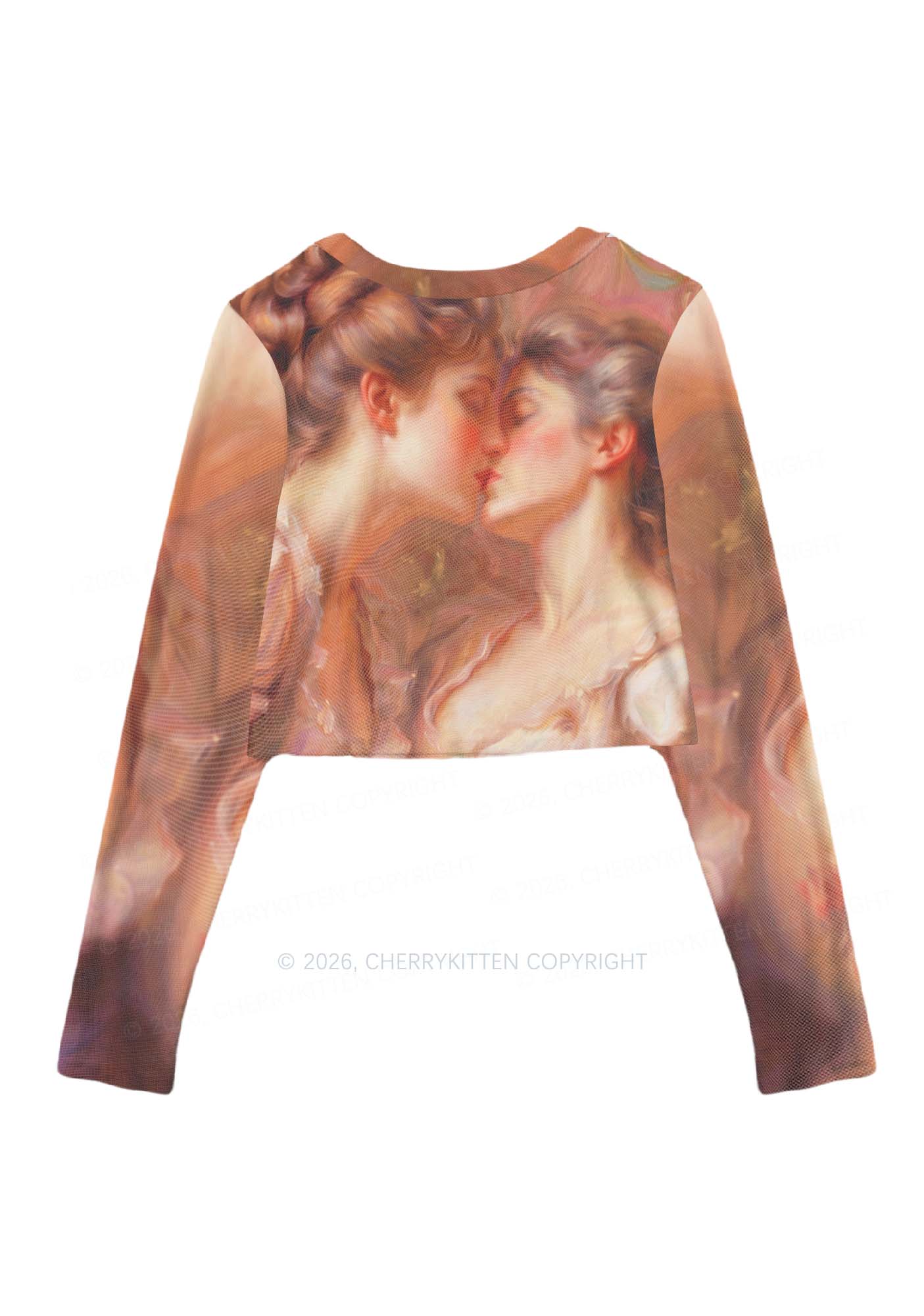 Pastel Dreamy Kissing Couple Pride Y2K Mesh Long Sleeve Crop Top Cherrykitten
