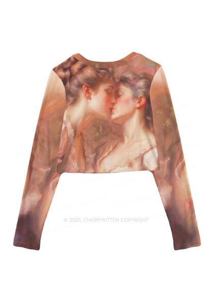 Pastel Dreamy Kissing Couple Pride Y2K Mesh Long Sleeve Crop Top Cherrykitten