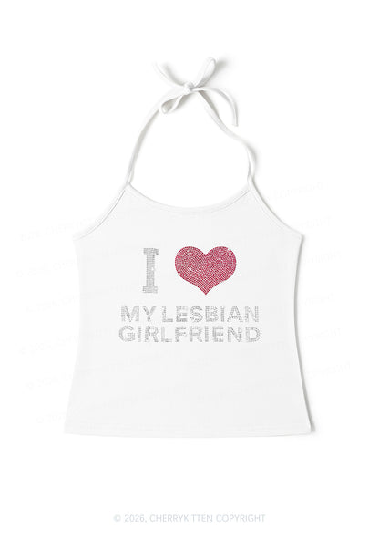 Rhinestone I Love My Lesbian GF Pride Y2K Halter Neck Cami Cherrykitten