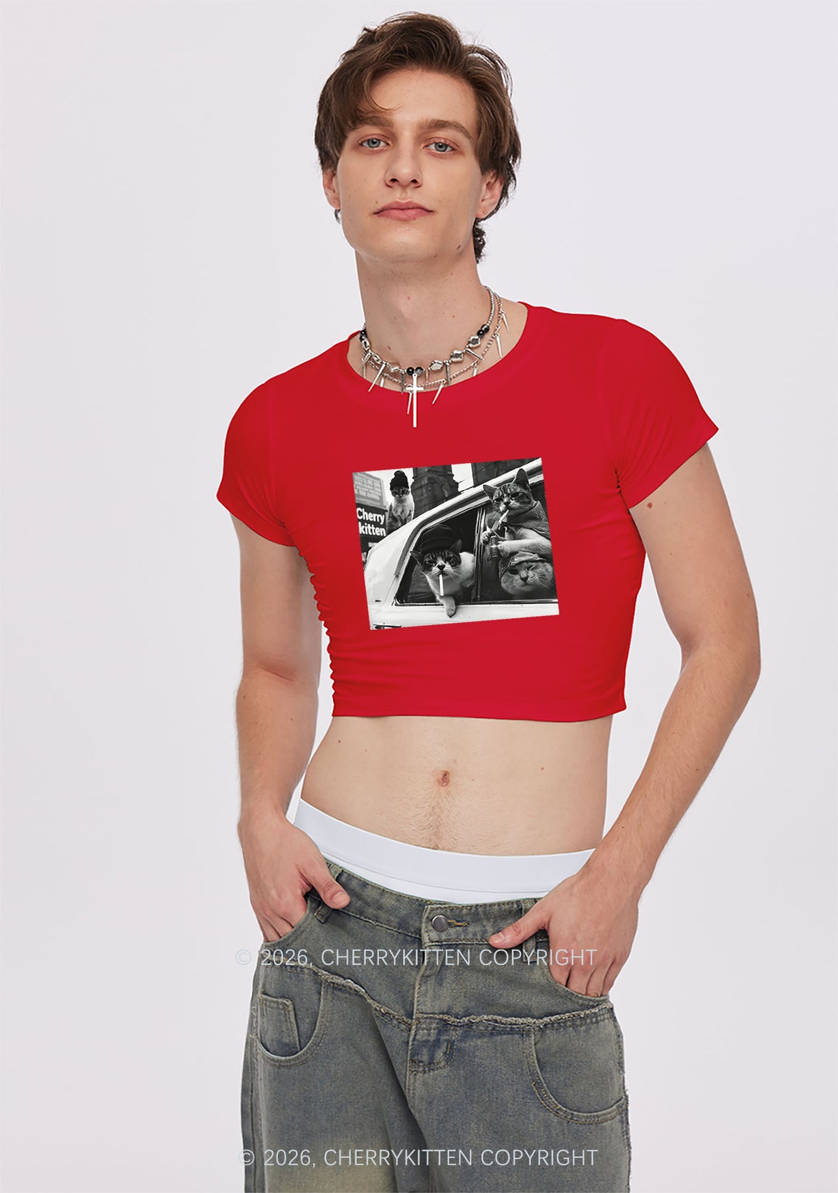 Cats Smoke In Car Y2K Baby Tee Cherrykitten