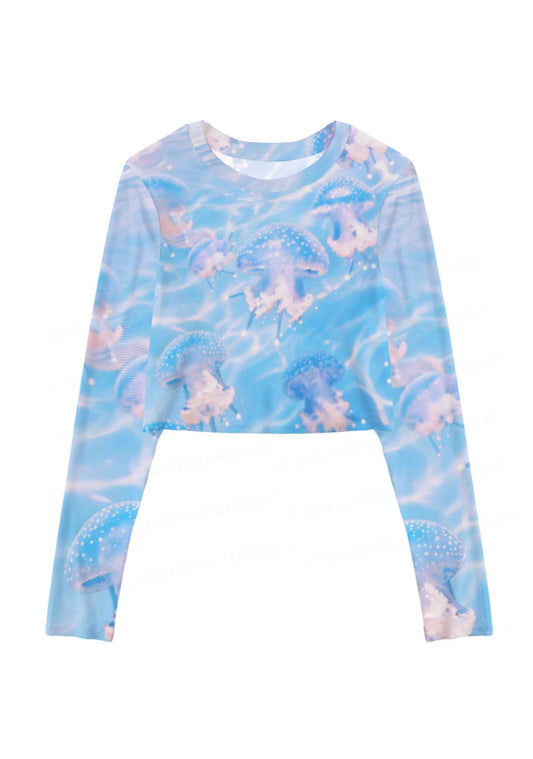 Blue Ocean Jellyfish Y2K Mesh Long Sleeve Crop Top Cherrykitten
