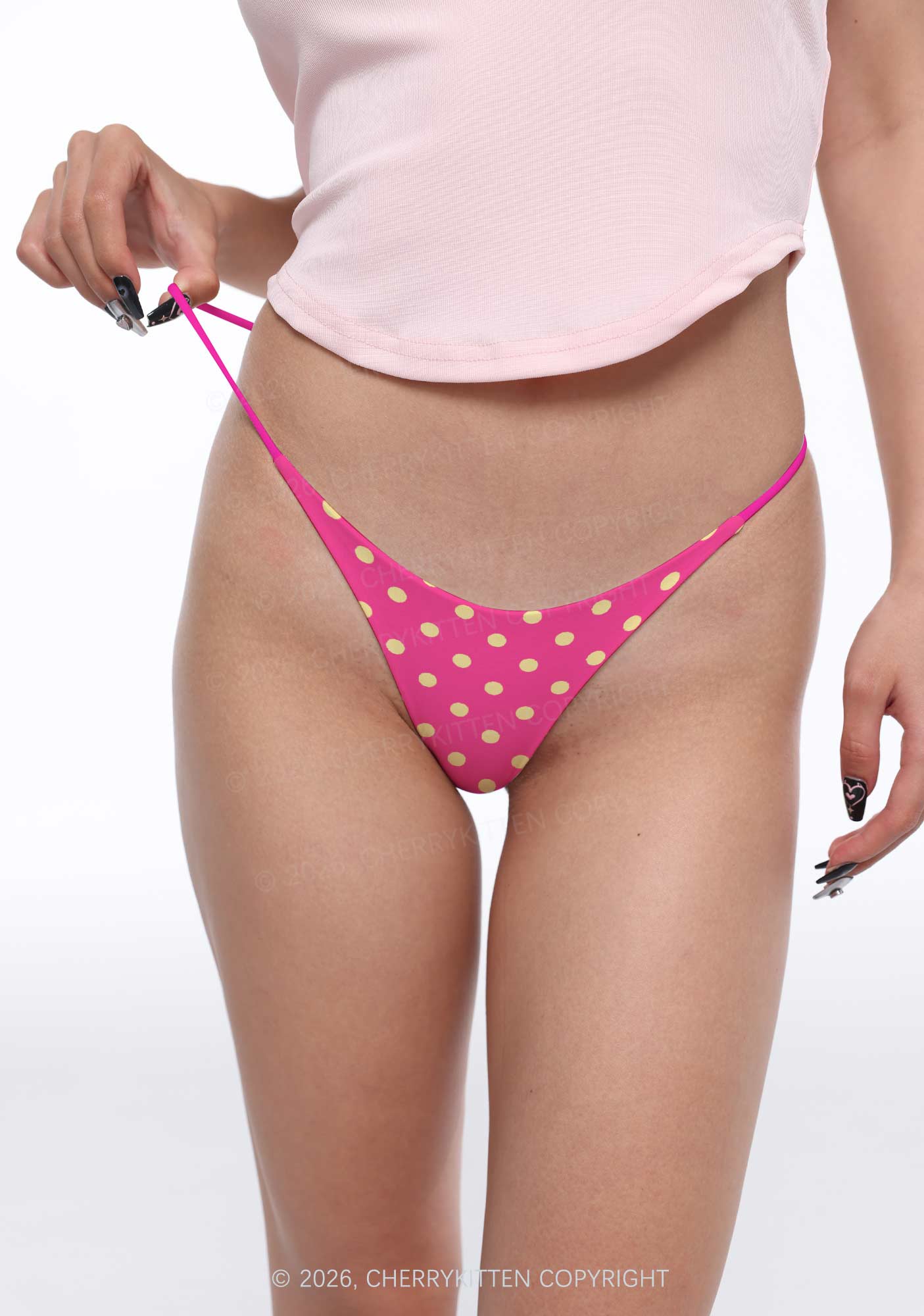 Yellow Dots On Hot Pink Y2K Print Bikini String Thong Cherrykitten
