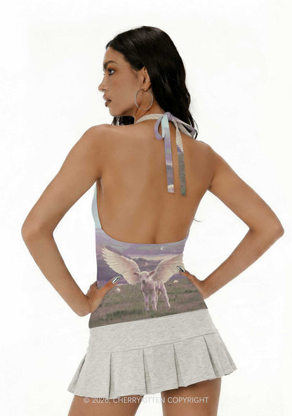 Angel Wing Lamb Y2K Print Halter Deep V Neck Cami Cherrykitten