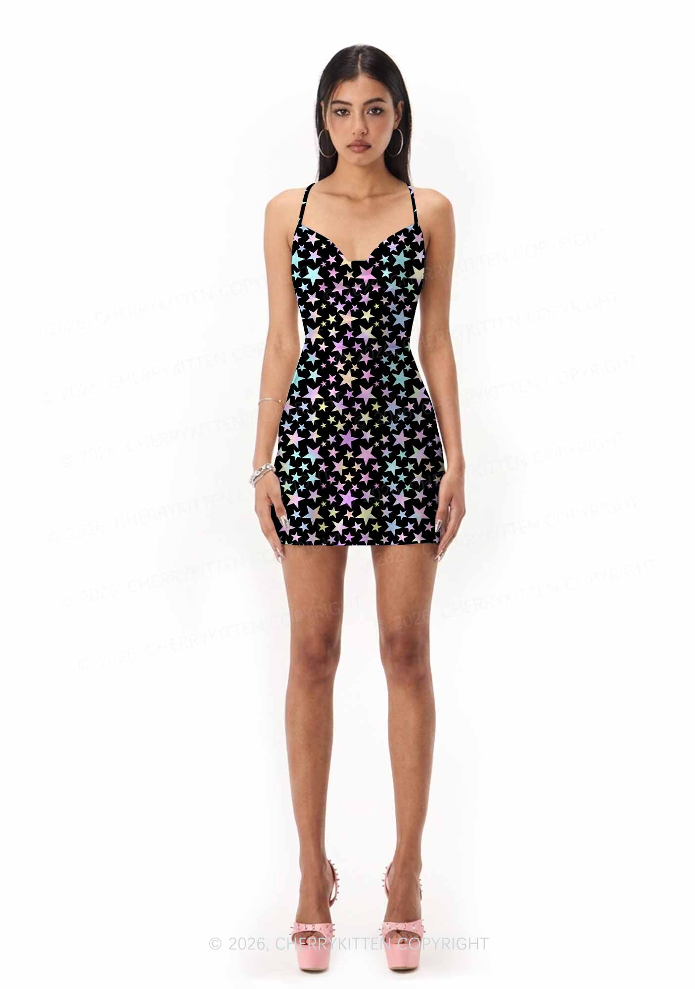 Rainbow Star On Black Y2K Print Satin Cowl Neck Slip Dress Cherrykitten