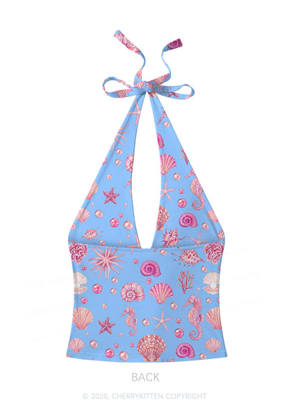 Pink Seashell Starfish Y2K Print Halter Deep V Neck Cami Cherrykitten